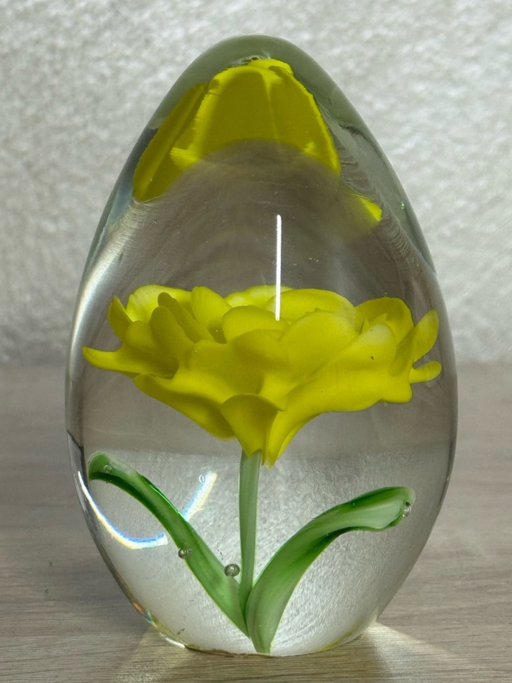 Vintage Art Glass Paperweight Yellow Rose 4” Crystal Egg